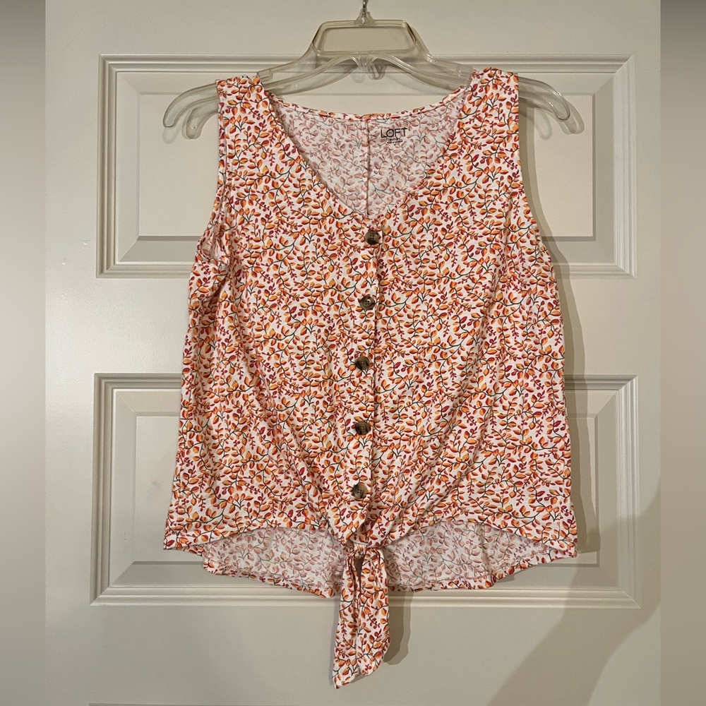 LOFT White and Orange Tank Top with Buttons
